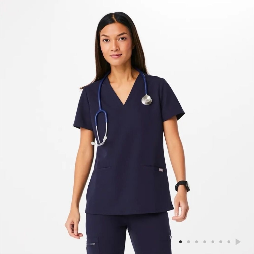 FIGS CASMA 3 POCKET SCRUB TOP NAVY sz SMALL MEDICAL NURSE DENTAL UNIFORM GUC*